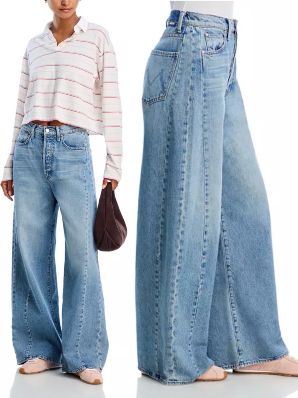NWT MOTHER Pipe Dream Button Sneak Jeans Wide Leap at the Chance Blue Size 23